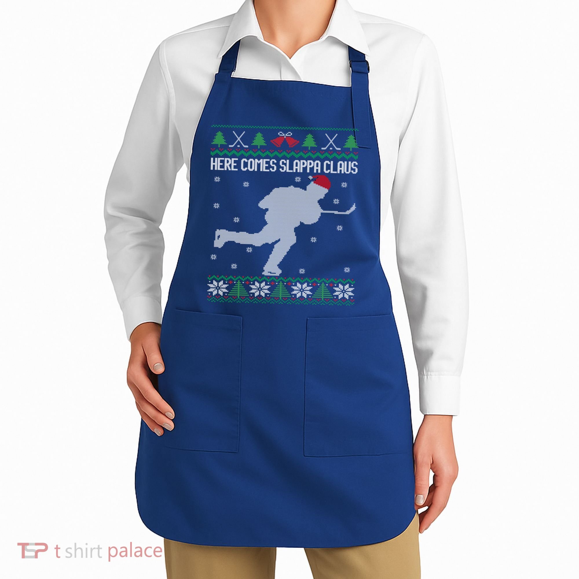 Here Comes Slappa Claus Slap Shot Ice Hockey Ugly Christmas Funny Gift Apron