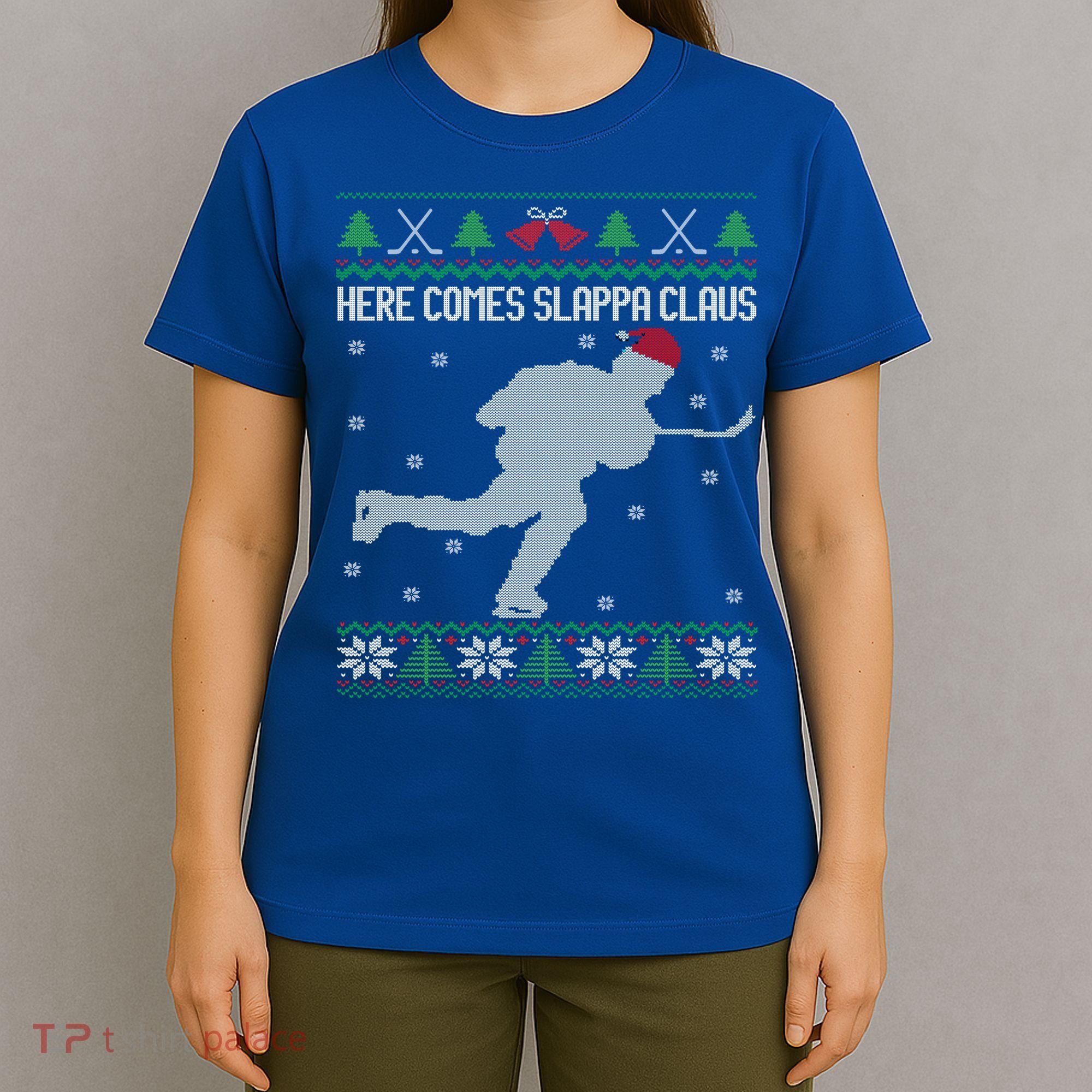 Here Comes Slappa Claus Slap Shot Ice Hockey Ugly Christmas Funny Gift T-Shirt