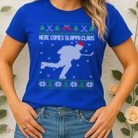 Here Comes Slappa Claus Slap Shot Ice Hockey Ugly Christmas Funny Gift Women's T-Shirt thumb 2