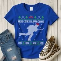 Here Comes Slappa Claus Slap Shot Ice Hockey Ugly Christmas Funny Gift Women's T-Shirt thumb 3
