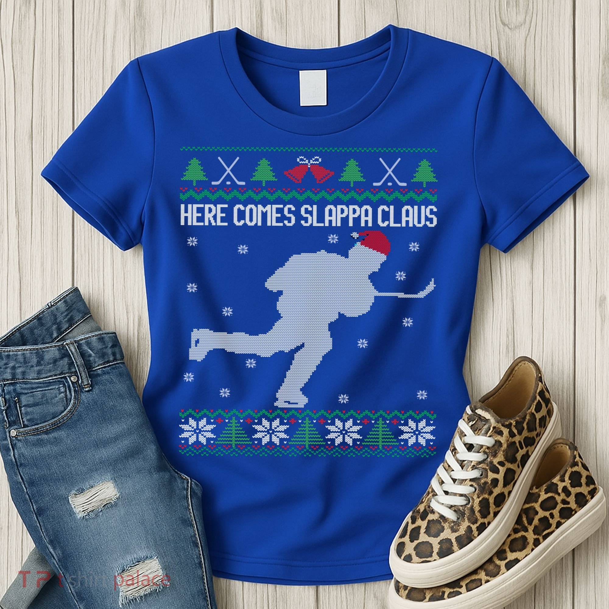 Here Comes Slappa Claus Slap Shot Ice Hockey Ugly Christmas Funny Gift Women's T-Shirt