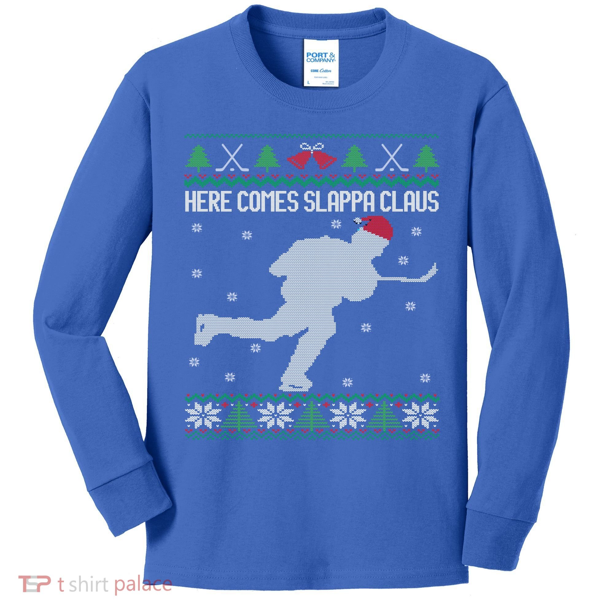 Here Comes Slappa Claus Slap Shot Ice Hockey Ugly Christmas Funny Gift Kids Long Sleeve Shirt
