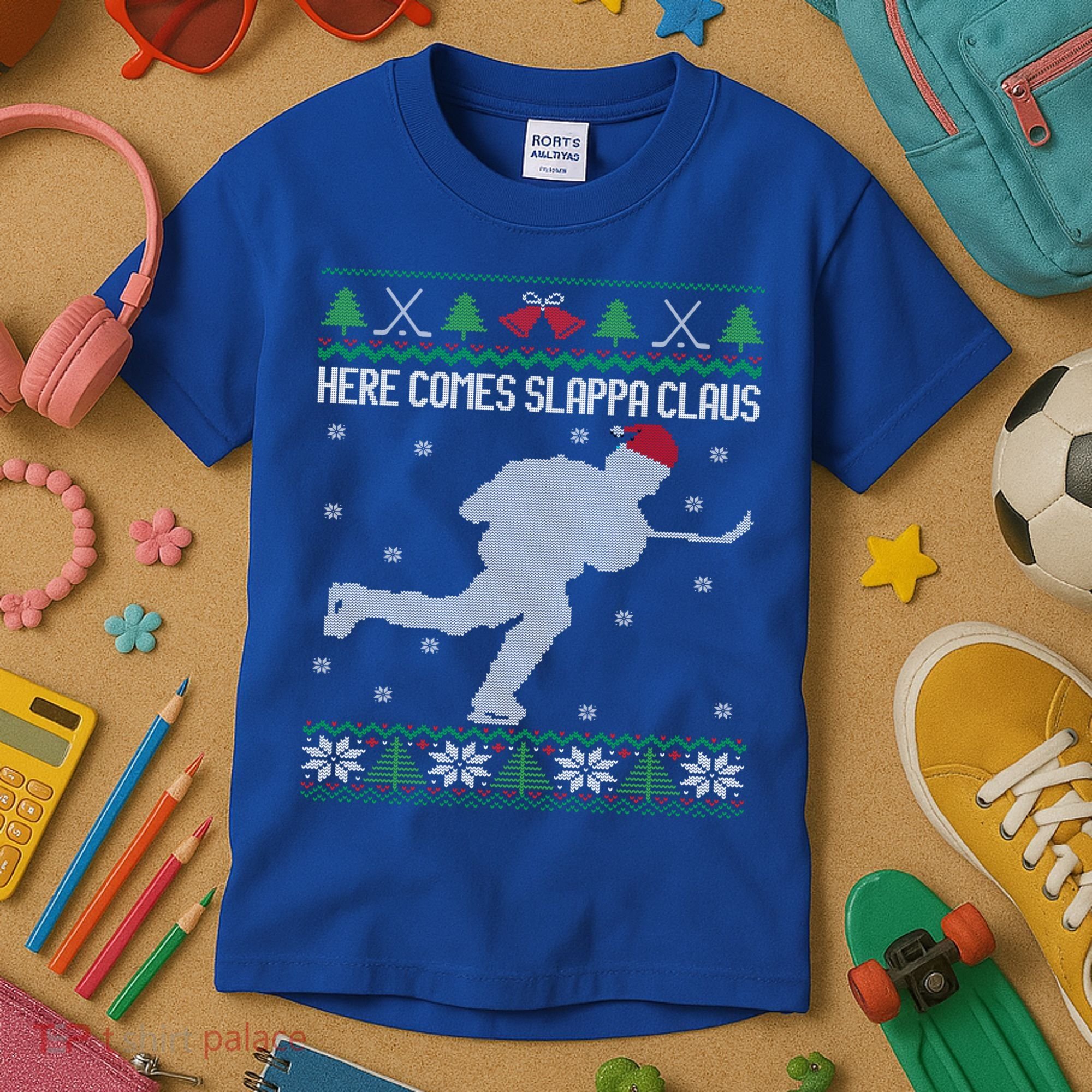 Here Comes Slappa Claus Slap Shot Ice Hockey Ugly Christmas Funny Gift Kids T-Shirt