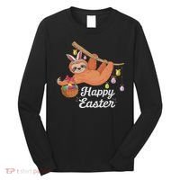 Happy Cute Sloth With Bunny Ears Egg Hunting Easter Sloth Long Sleeve Shirt thumb 0