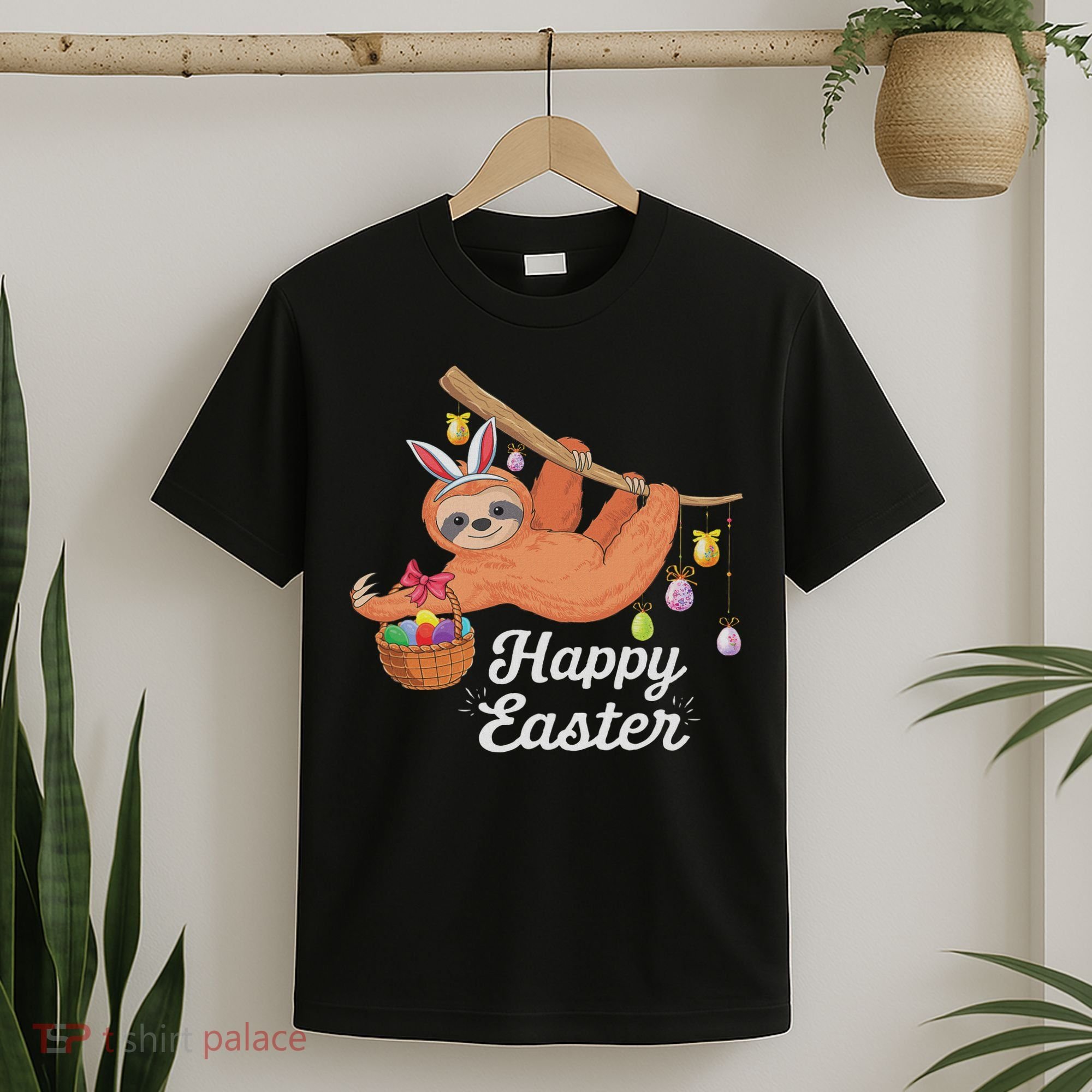 Happy Cute Sloth With Bunny Ears Egg Hunting Easter Sloth T-Shirt