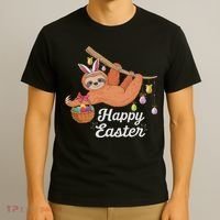 Happy Cute Sloth With Bunny Ears Egg Hunting Easter Sloth T-Shirt thumb 3