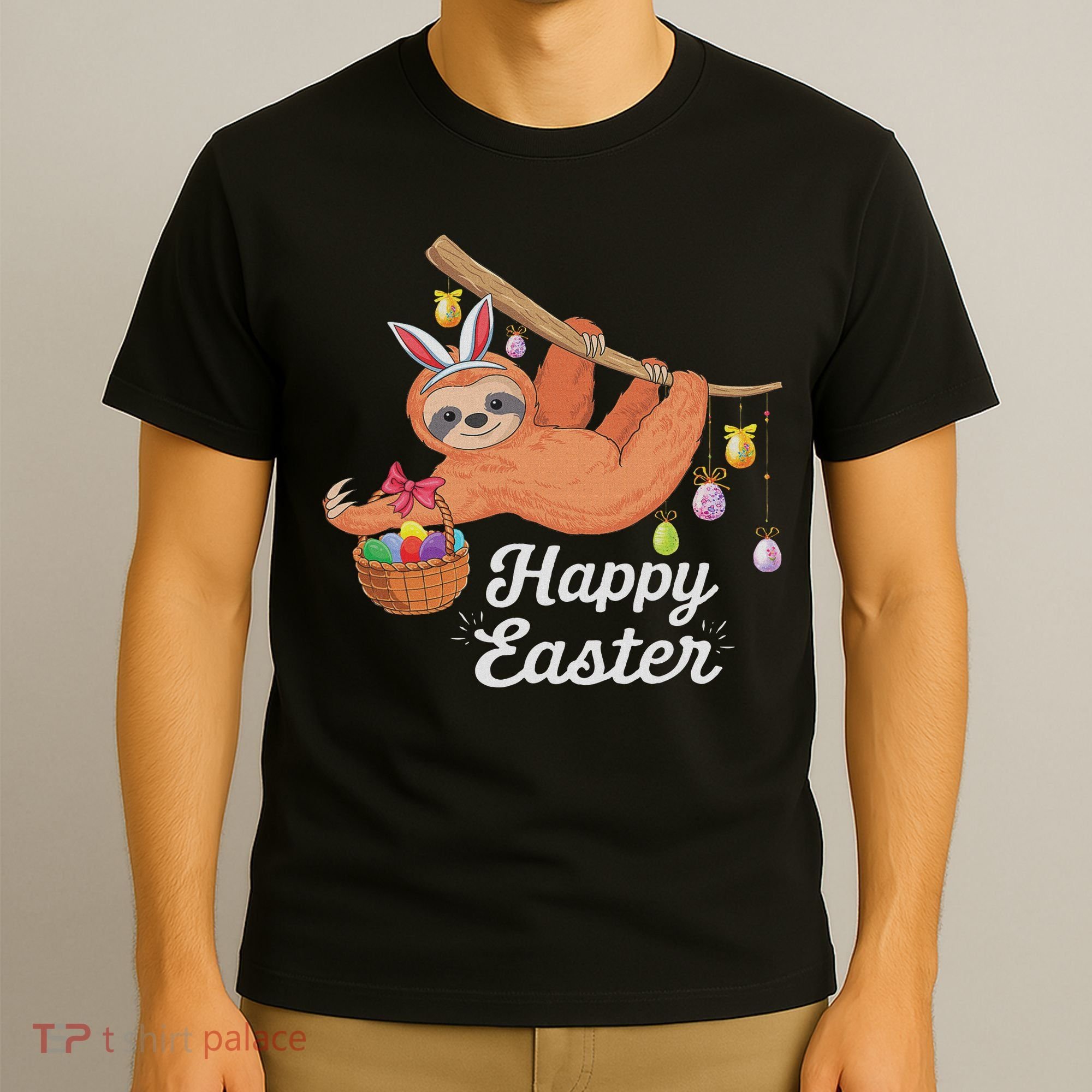 Happy Cute Sloth With Bunny Ears Egg Hunting Easter Sloth T-Shirt