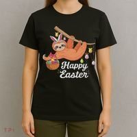 Happy Cute Sloth With Bunny Ears Egg Hunting Easter Sloth T-Shirt thumb 4