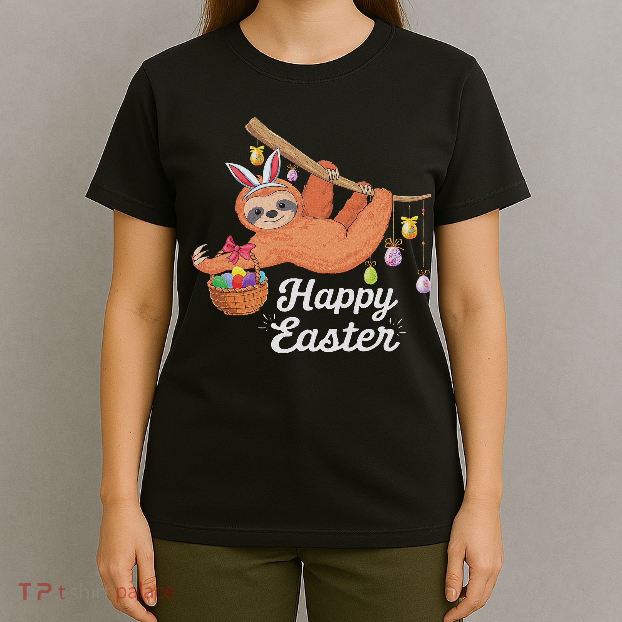 Happy Cute Sloth With Bunny Ears Egg Hunting Easter Sloth T-Shirt