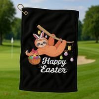 Happy Cute Sloth With Bunny Ears Egg Hunting Easter Sloth Golf Towel thumb 1