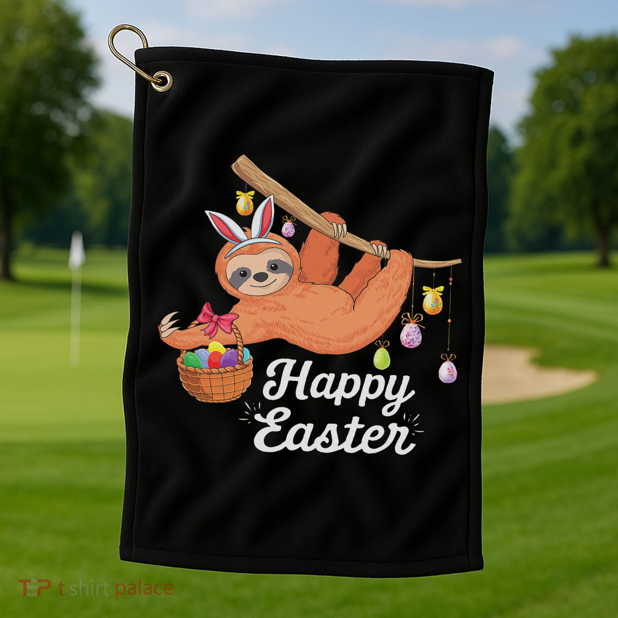 Happy Cute Sloth With Bunny Ears Egg Hunting Easter Sloth Golf Towel