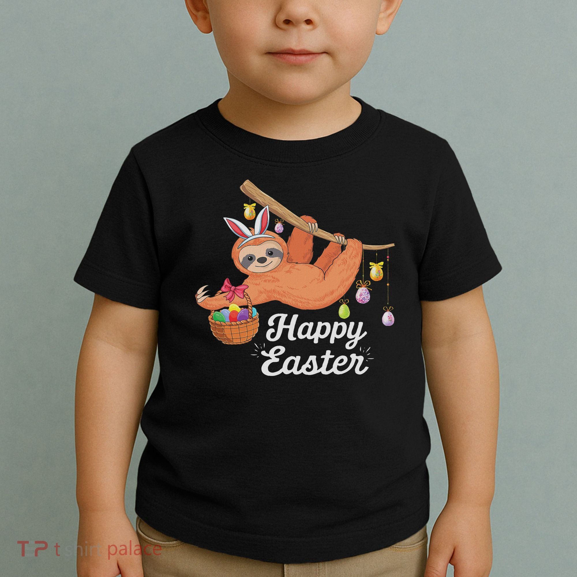 Happy Cute Sloth With Bunny Ears Egg Hunting Easter Sloth Toddler T-Shirt