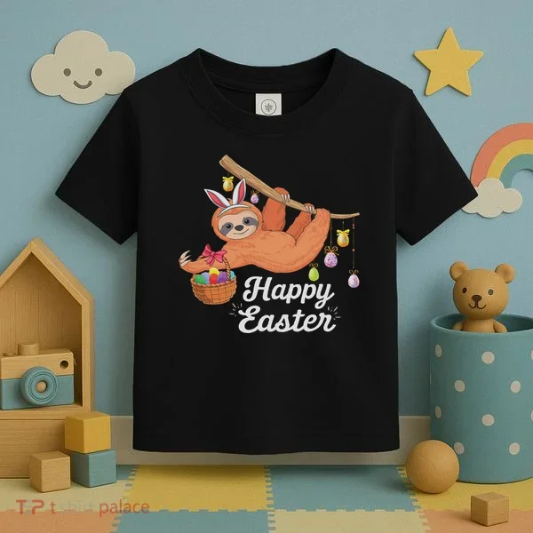 Happy Cute Sloth With Bunny Ears Egg Hunting Easter Sloth Toddler T-Shirt