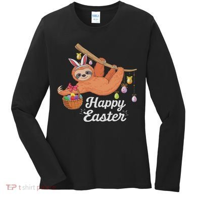 Happy Cute Sloth With Bunny Ears Egg Hunting Easter Sloth Women's Long Sleeve Shirt