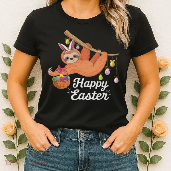 Happy Cute Sloth With Bunny Ears Egg Hunting Easter Sloth Women's T-Shirt