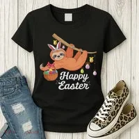 Happy Cute Sloth With Bunny Ears Egg Hunting Easter Sloth Women's T-Shirt thumb 3