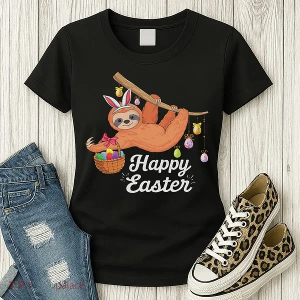 Happy Cute Sloth With Bunny Ears Egg Hunting Easter Sloth Women's T-Shirt