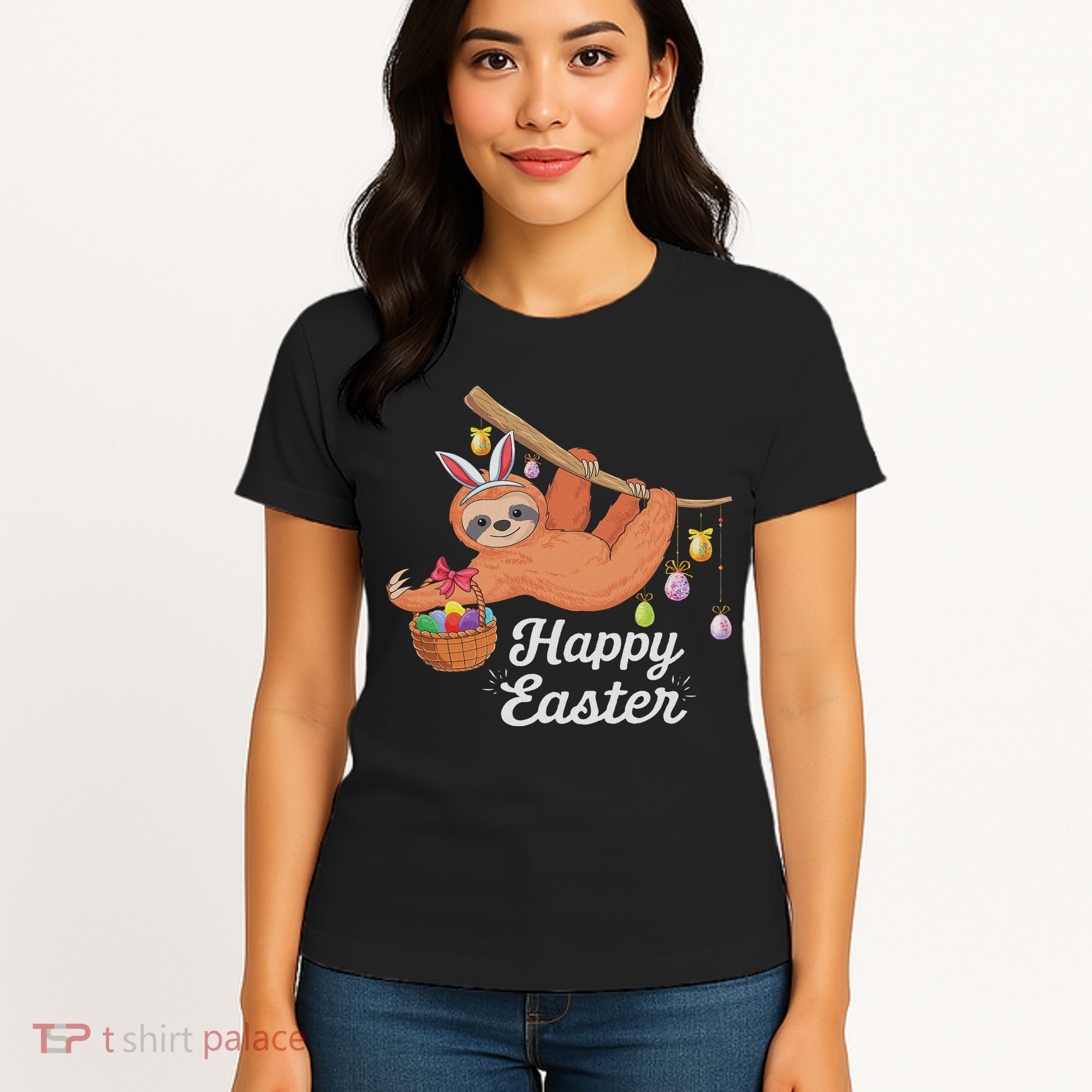 Happy Cute Sloth With Bunny Ears Egg Hunting Easter Sloth Women's T-Shirt
