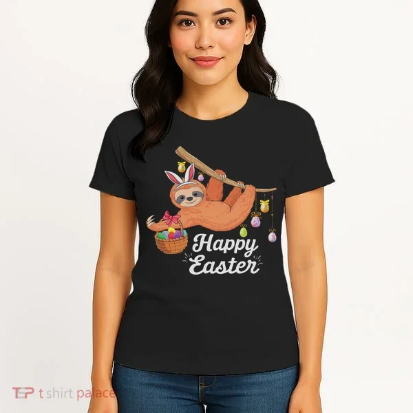 Happy Cute Sloth With Bunny Ears Egg Hunting Easter Sloth Women's T-Shirt