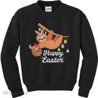 Happy Cute Sloth With Bunny Ears Egg Hunting Easter Sloth Kids Sweatshirt thumb 0