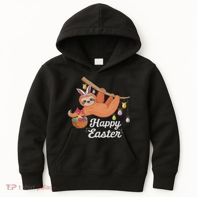 Happy Cute Sloth With Bunny Ears Egg Hunting Easter Sloth Kids Hoodie