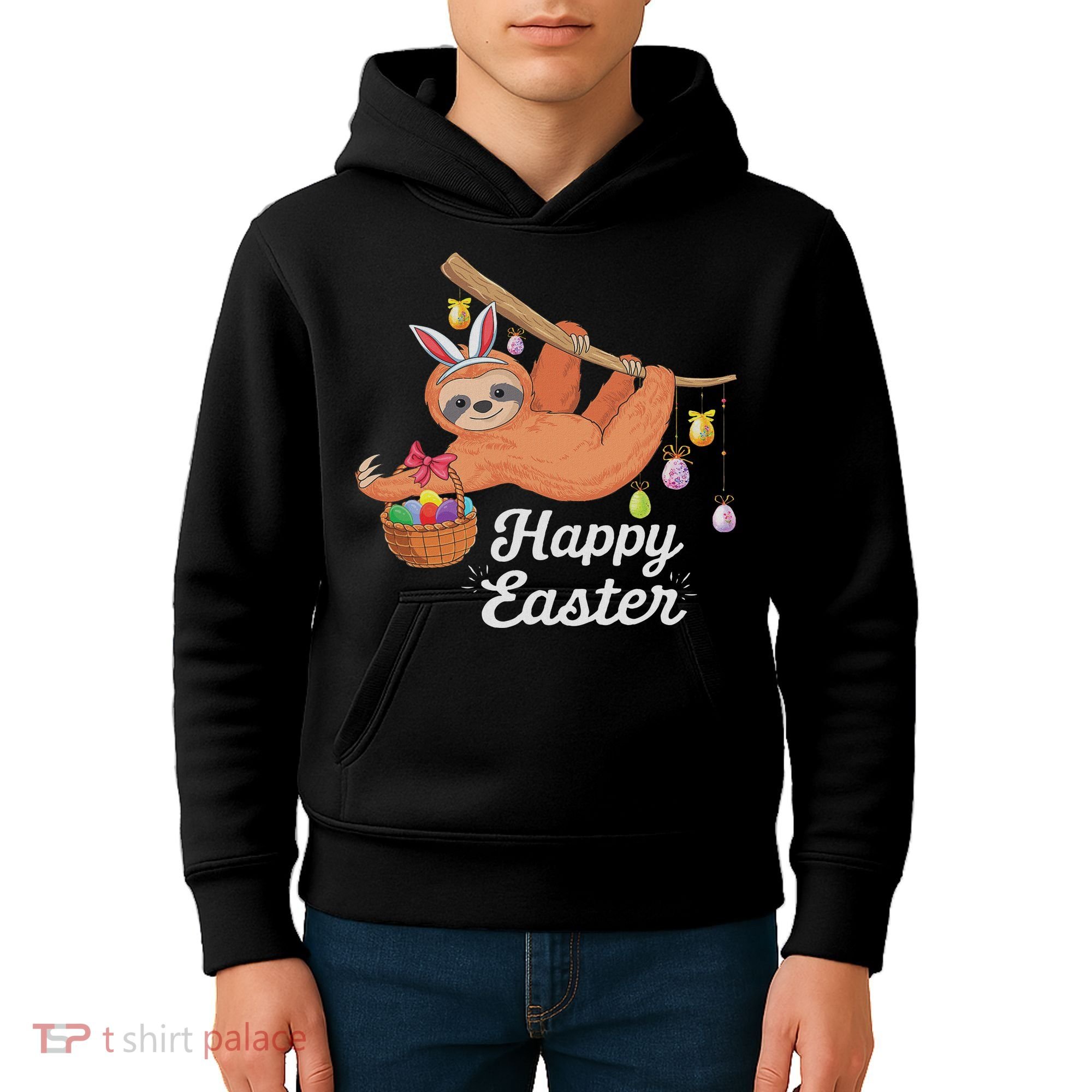 Happy Cute Sloth With Bunny Ears Egg Hunting Easter Sloth Kids Hoodie