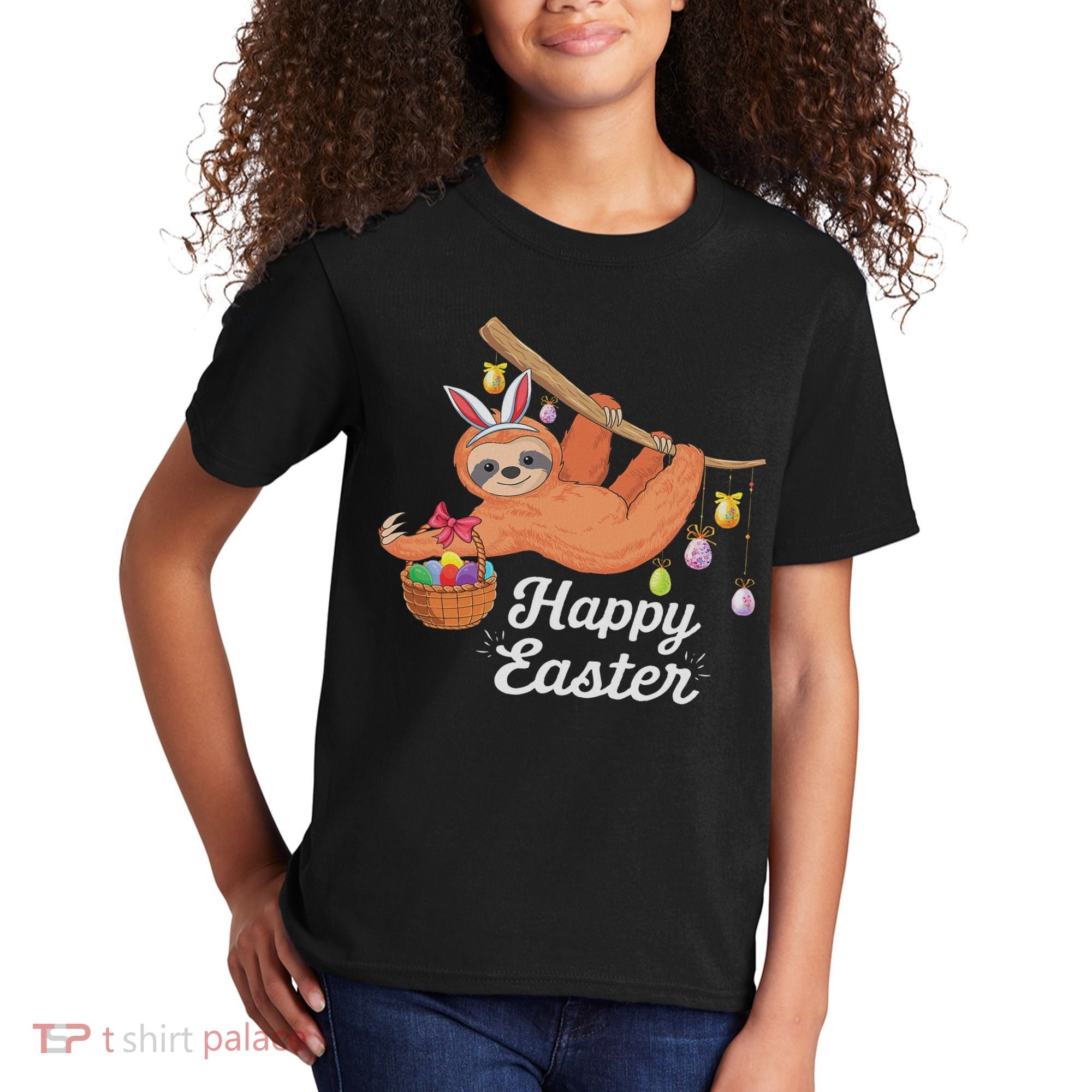 Happy Cute Sloth With Bunny Ears Egg Hunting Easter Sloth Kids T-Shirt