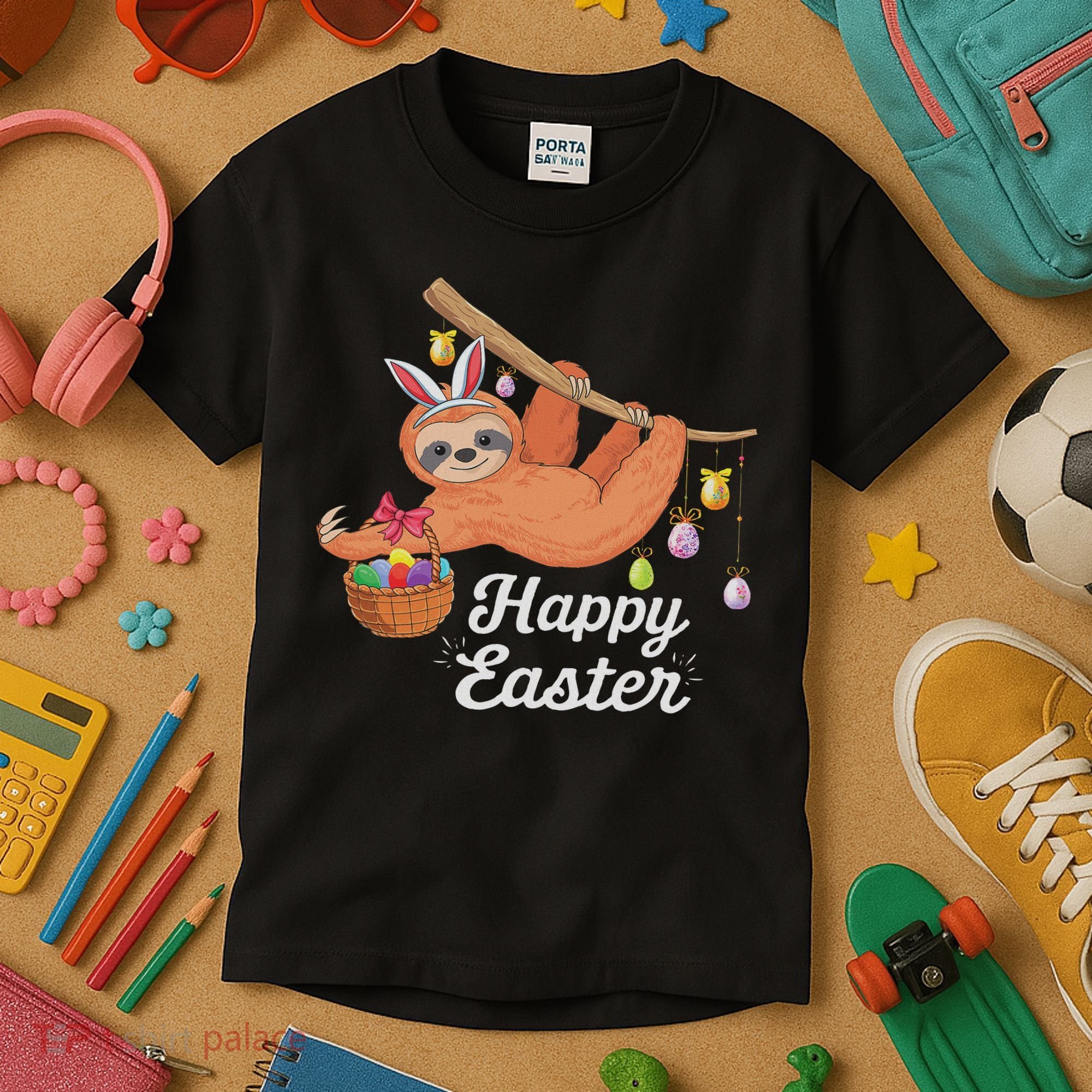 Happy Cute Sloth With Bunny Ears Egg Hunting Easter Sloth Kids T-Shirt