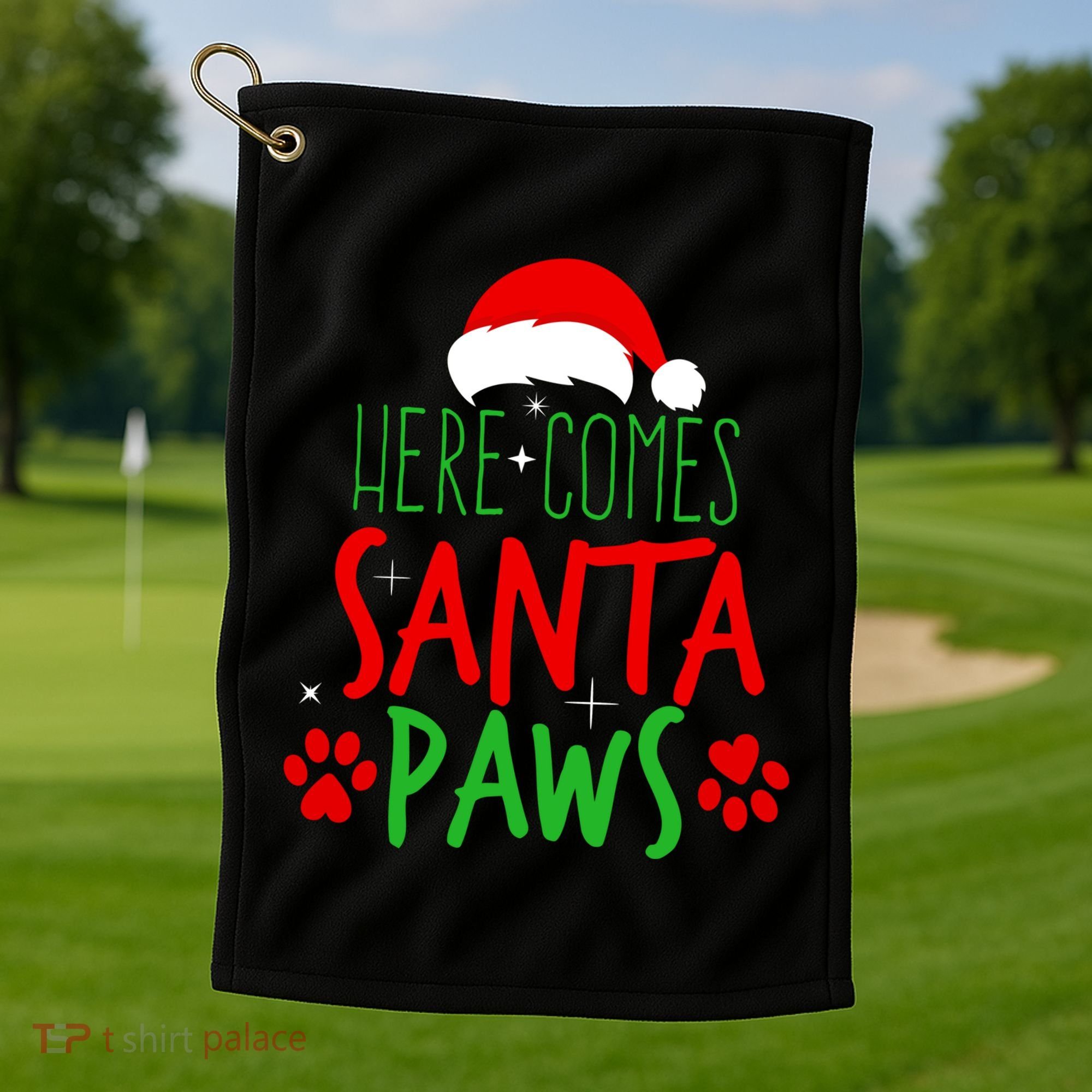 Here Comes Santa Paws Cute Christmas Golf Towel
