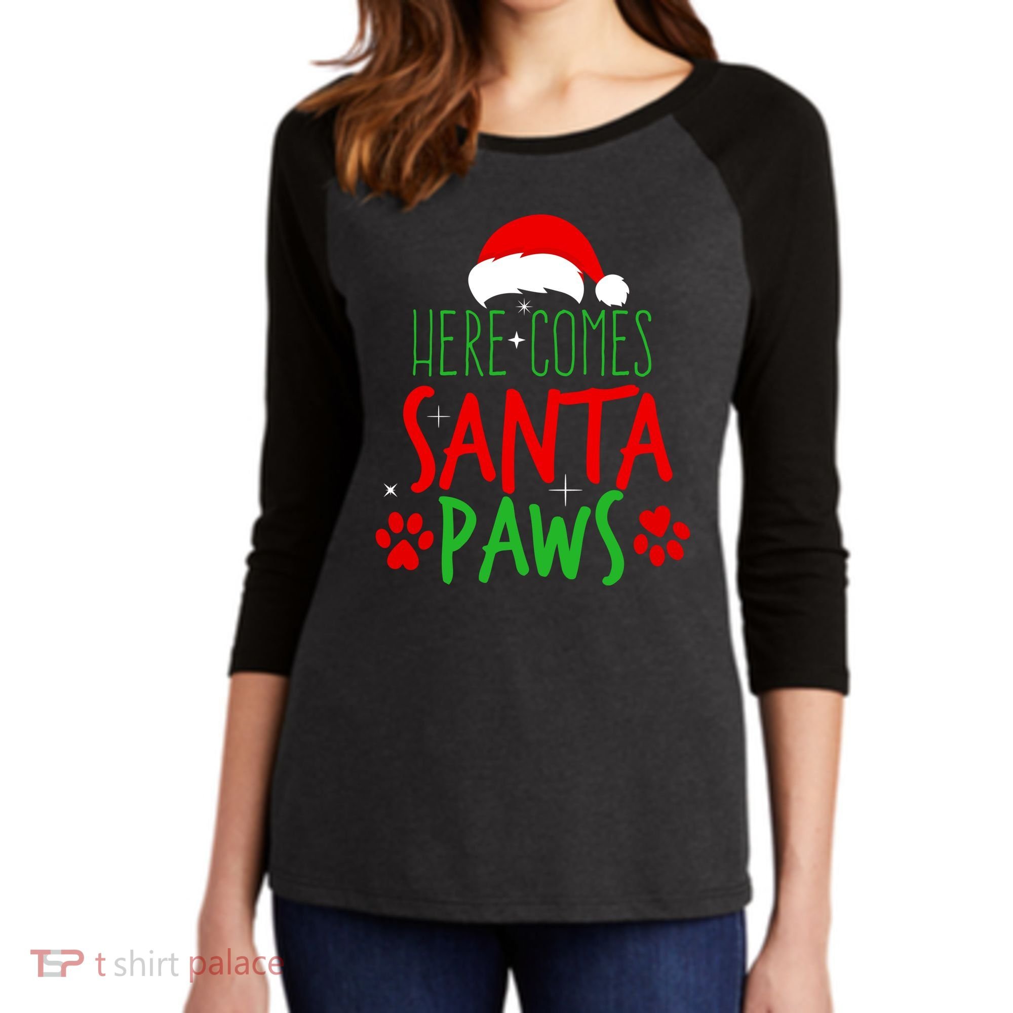 Here Comes Santa Paws Cute Christmas Women's Tri-Blend 3/4-Sleeve Raglan Shirt