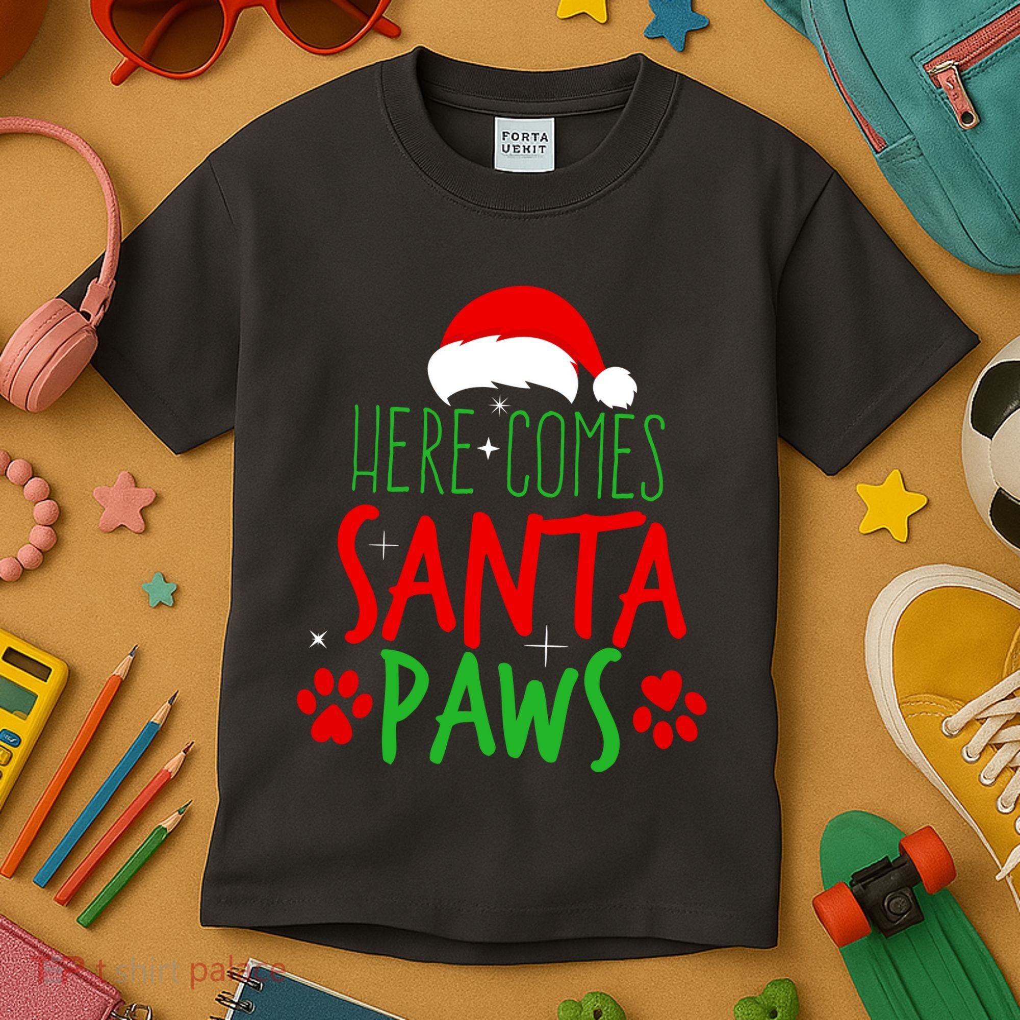 Here Comes Santa Paws Cute Christmas Kids T-Shirt