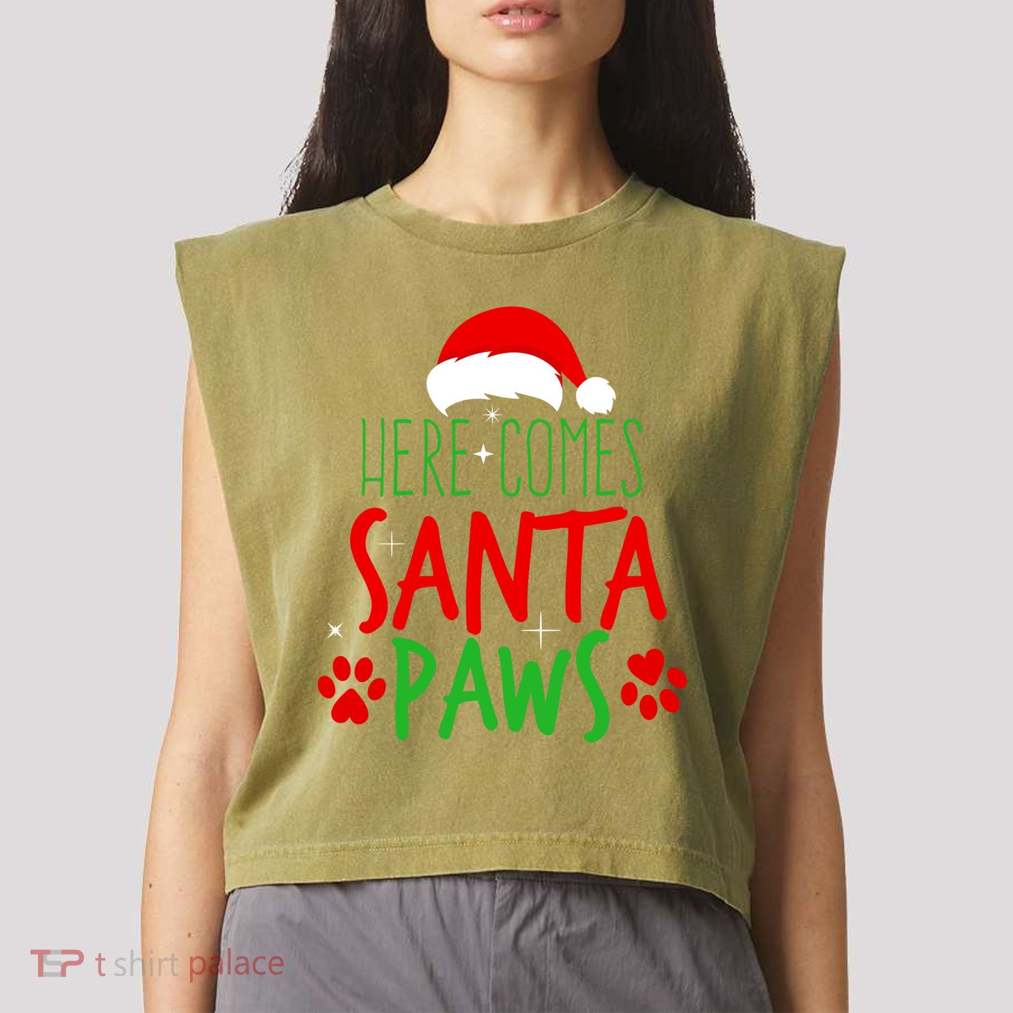 Here Comes Santa Paws Cute Christmas Garment-Dyed Women's Muscle Tee
