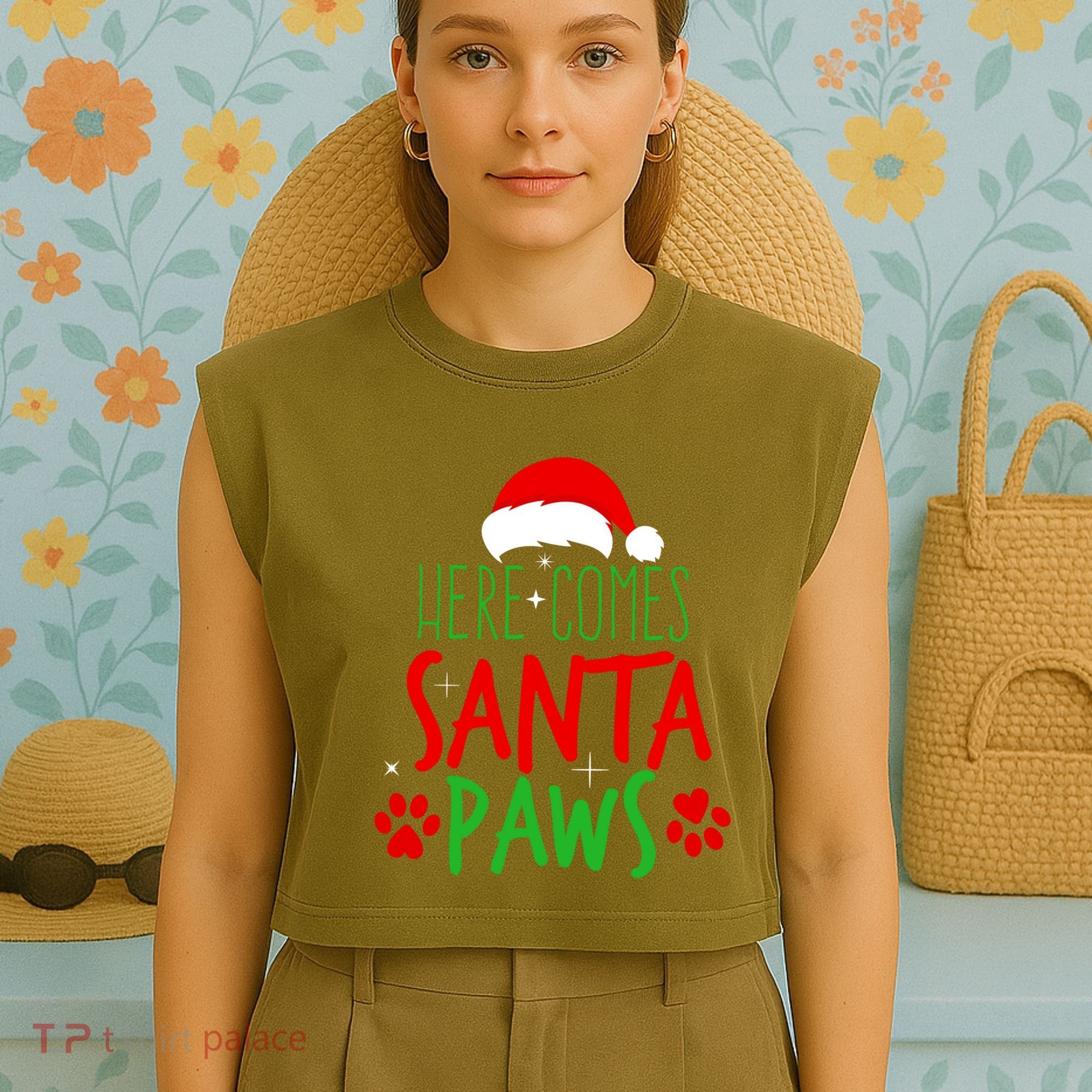 Here Comes Santa Paws Cute Christmas Garment-Dyed Women's Muscle Tee