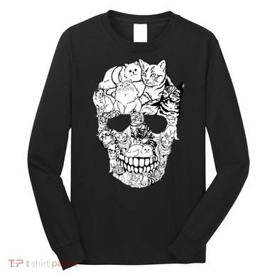Halloween Cat Skull Kitty Skeleton Costume Skull Cat Long Sleeve Shirt