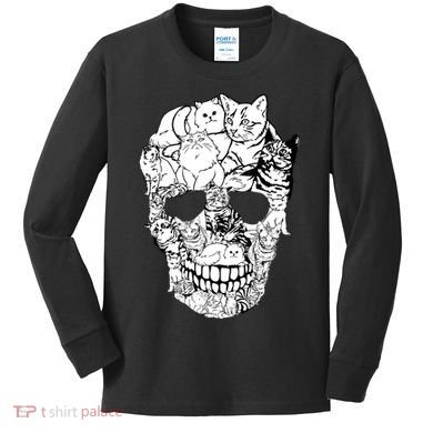 Halloween Cat Skull Kitty Skeleton Costume Skull Cat Kids Long Sleeve Shirt