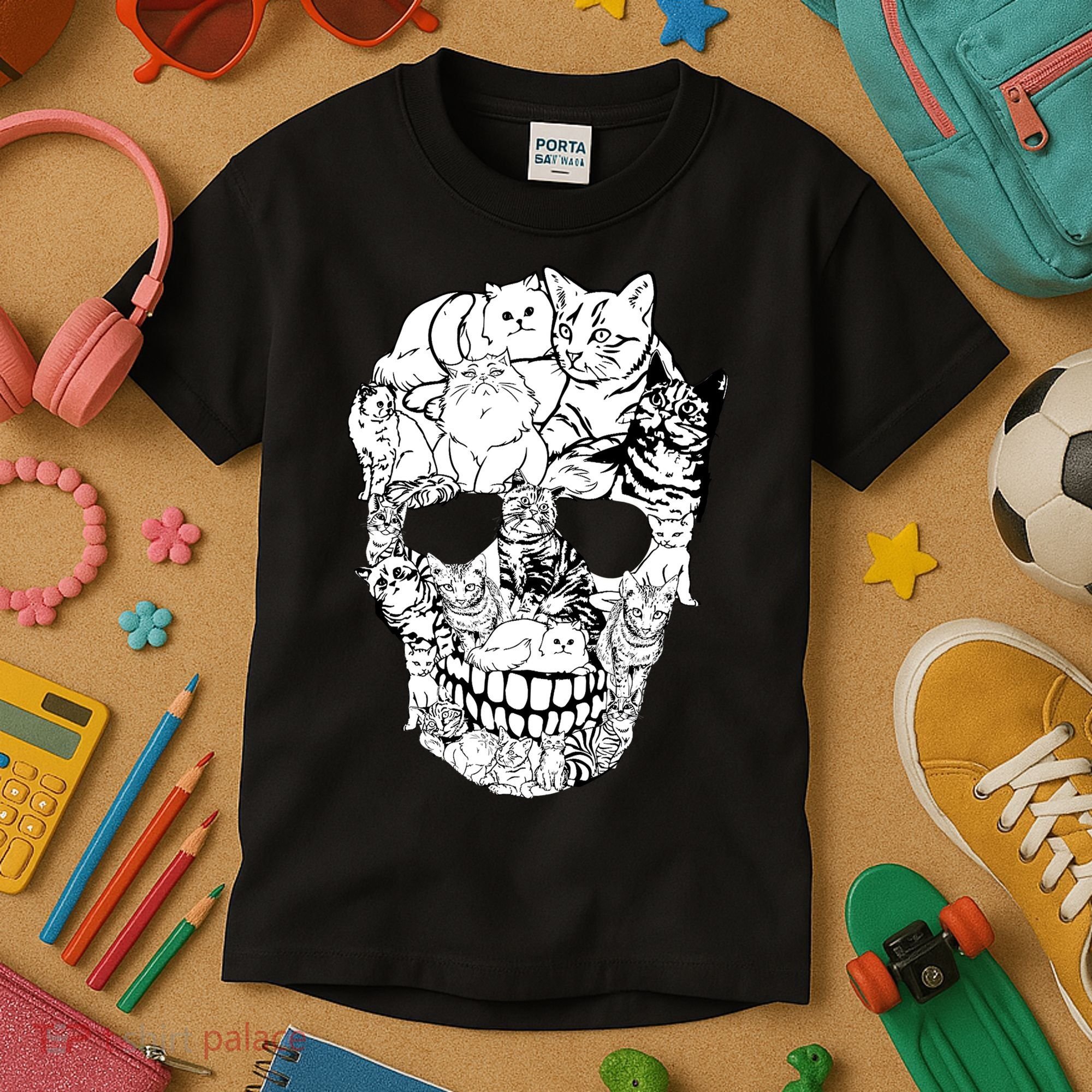 Halloween Cat Skull Kitty Skeleton Costume Skull Cat Kids T-Shirt
