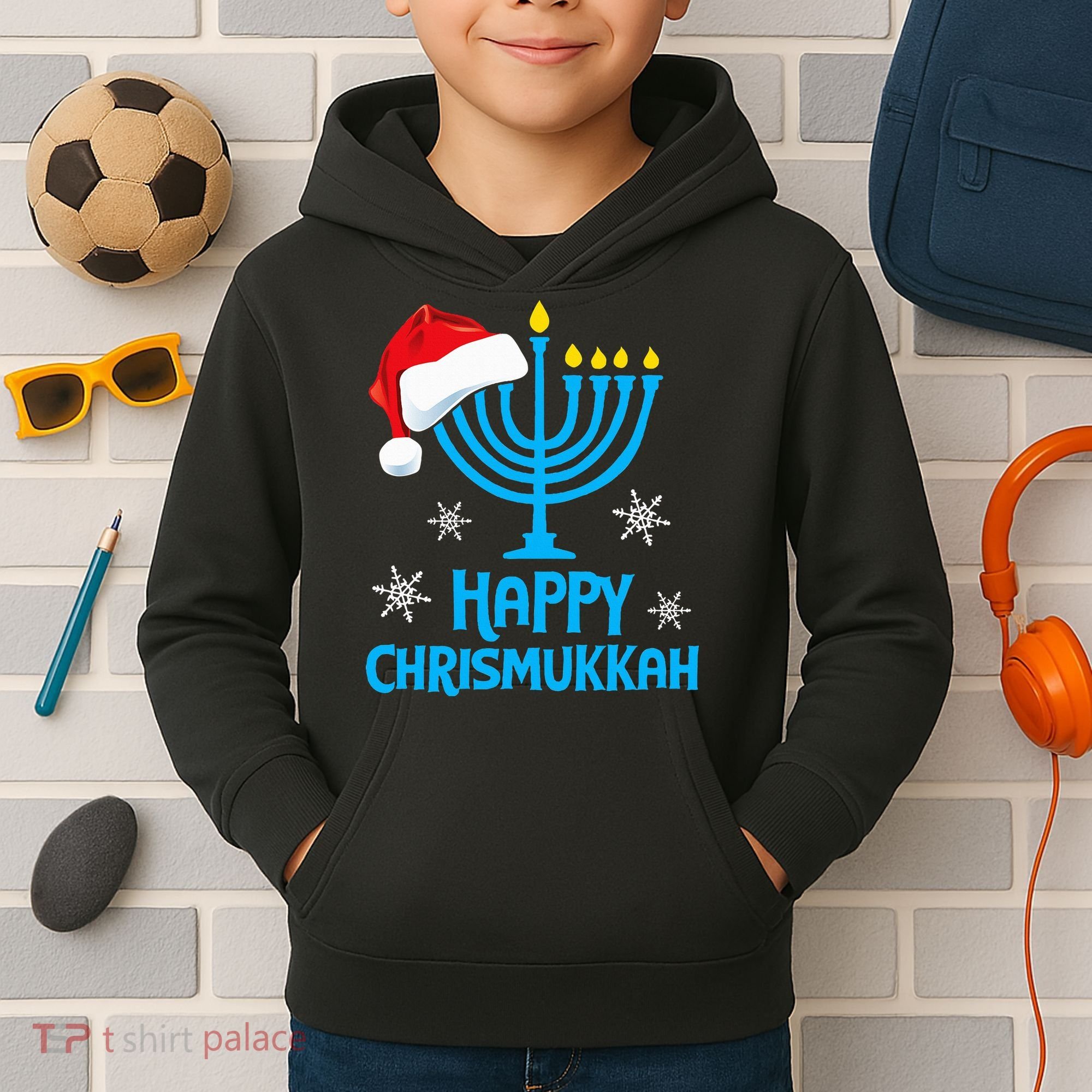 Happy Chrismukkah Santa Hat Christmas Hanukkah Sleep Kids Hoodie