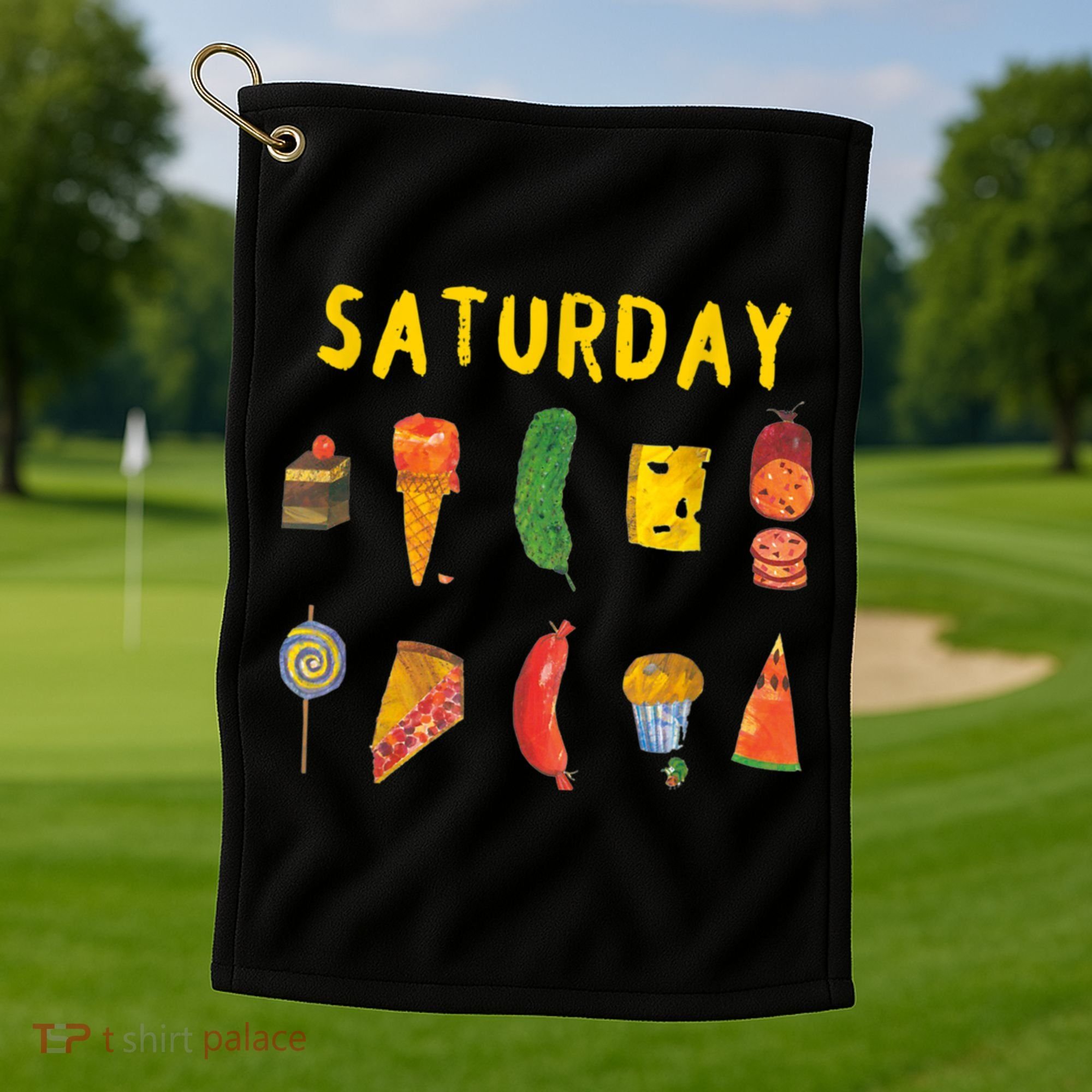 Hungry Caterpillars SATURDAY Funny Fruit Lover Vegan Golf Towel