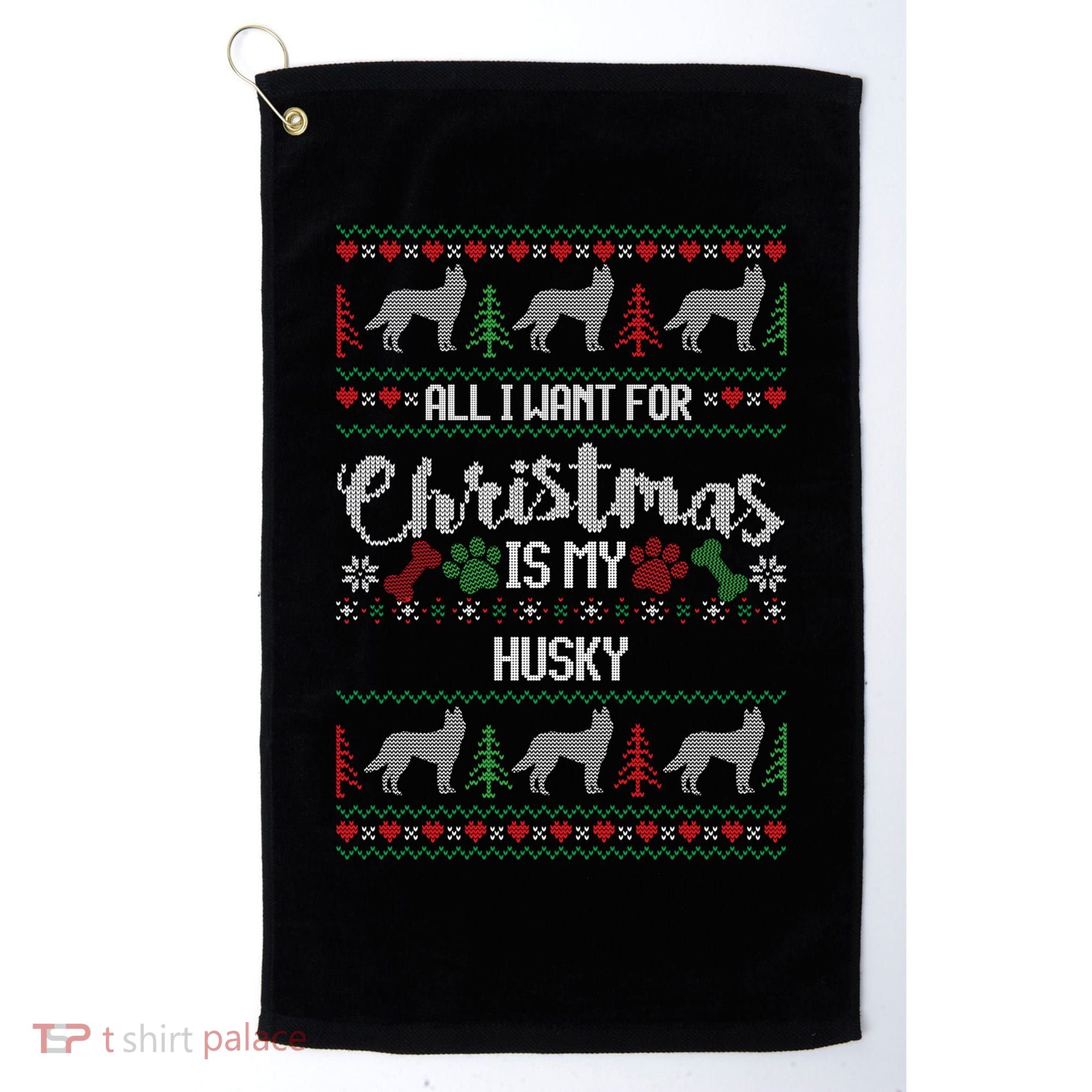 Husky Christmas Sweater Ugly Husky Sweater Gift Golf Towel