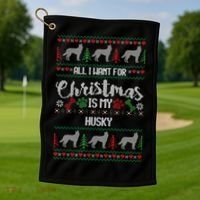 Husky Christmas Sweater Ugly Husky Sweater Gift Golf Towel thumb 1