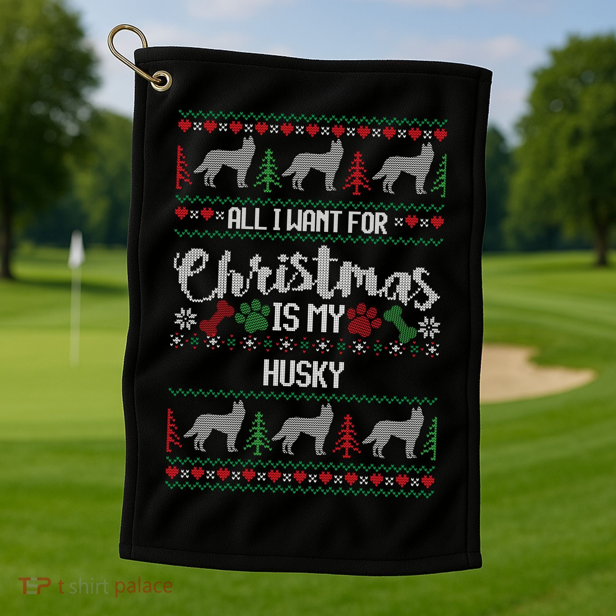 Husky Christmas Sweater Ugly Husky Sweater Gift Golf Towel