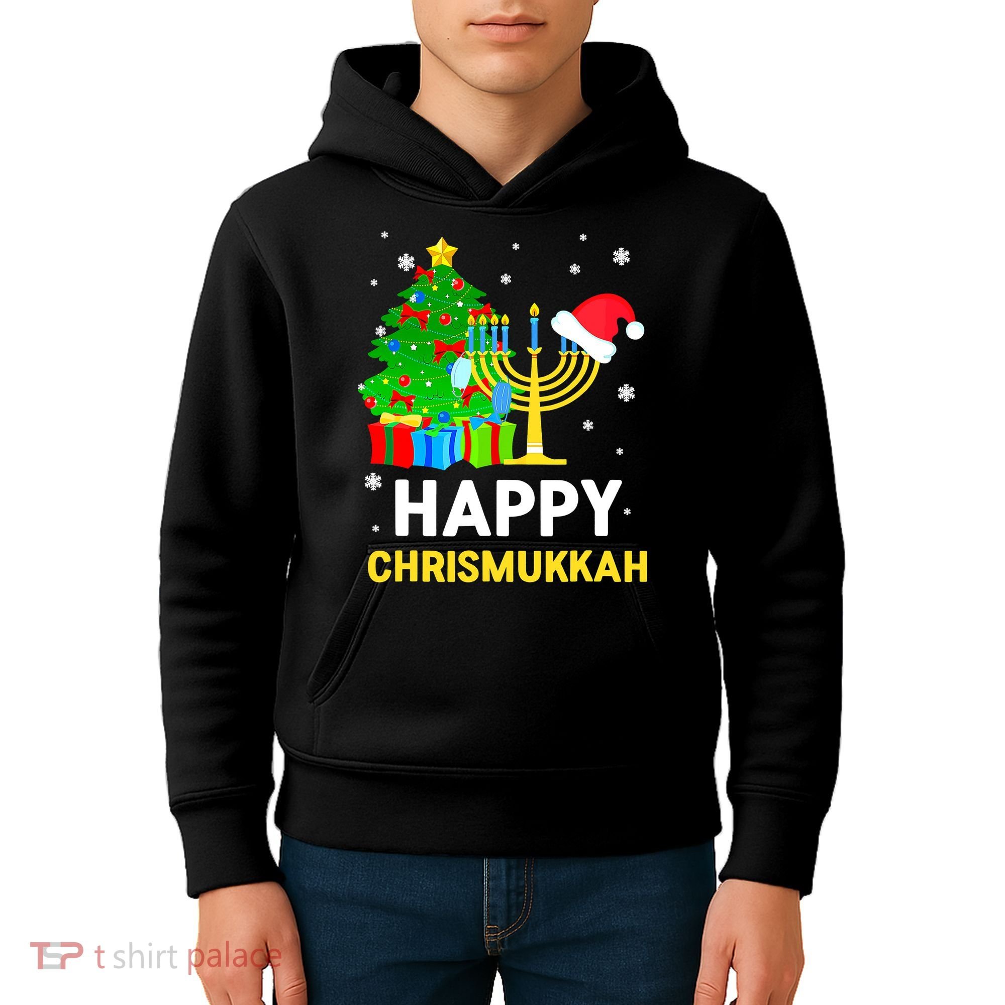 Happy Chrismukkah Santa Hat Christmas Hanukkah Sleep Kids Hoodie