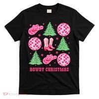 Howdy Christmas Western Cowgirl Boots And Hats Xmas Trees T-Shirt thumb 0