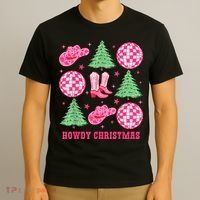 Howdy Christmas Western Cowgirl Boots And Hats Xmas Trees T-Shirt thumb 3