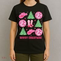 Howdy Christmas Western Cowgirl Boots And Hats Xmas Trees T-Shirt thumb 4