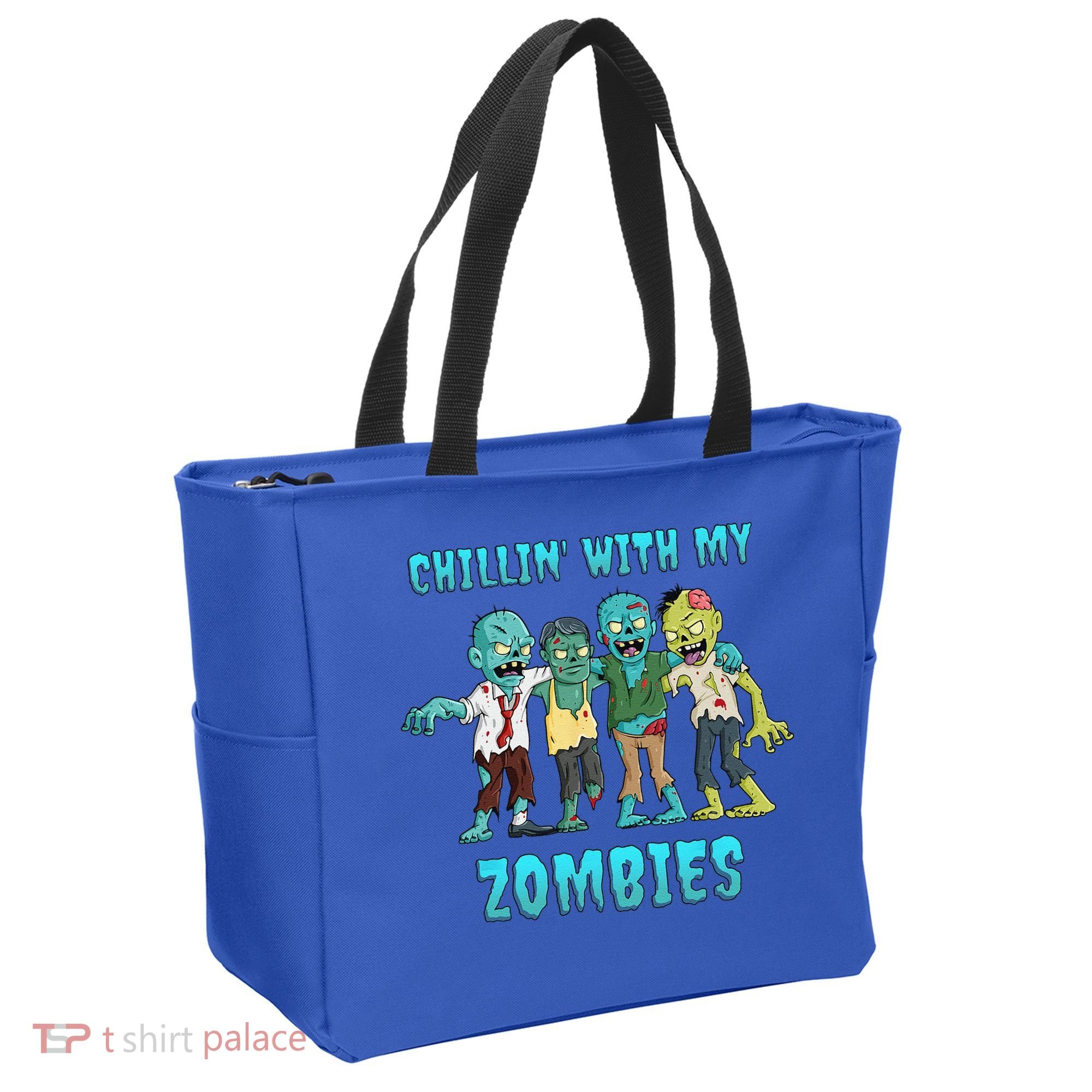 Halloween Chillin With My Zombies Funny Tote Bag