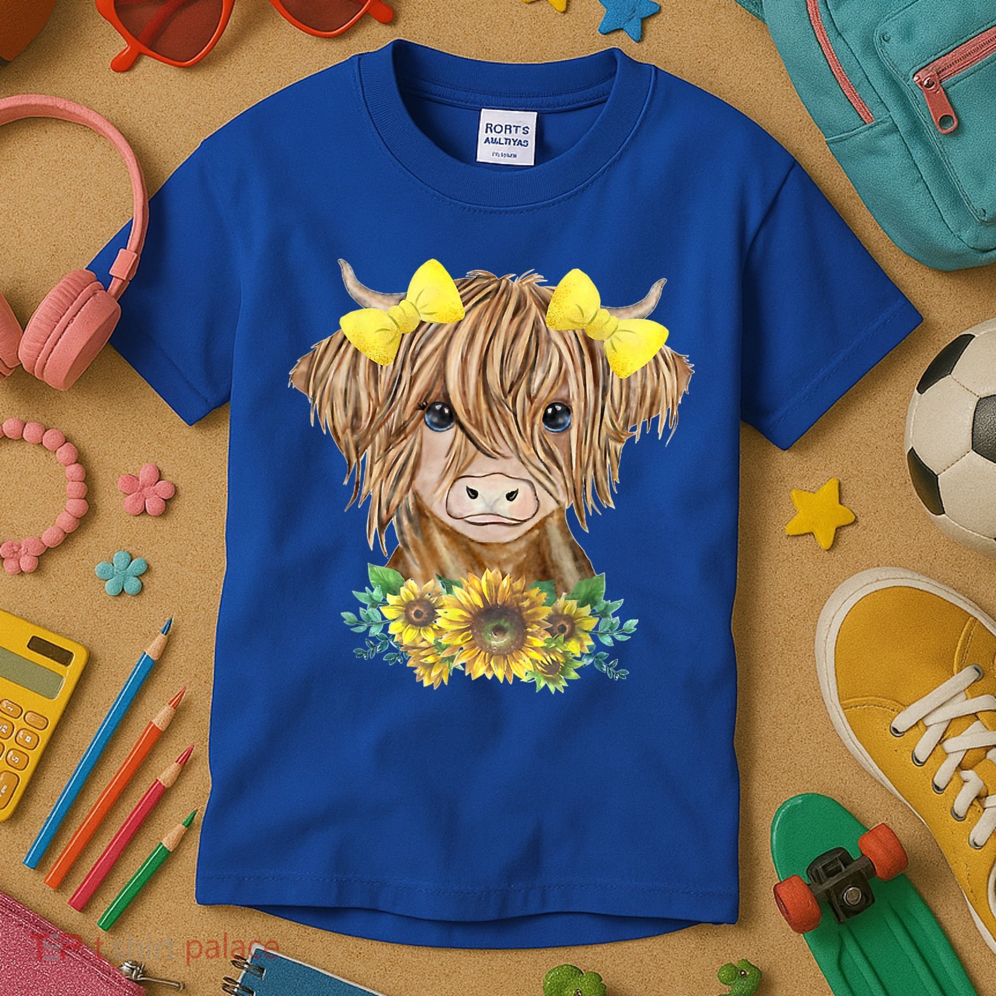 Highland Cow With Sunflowers Kids T-Shirt
