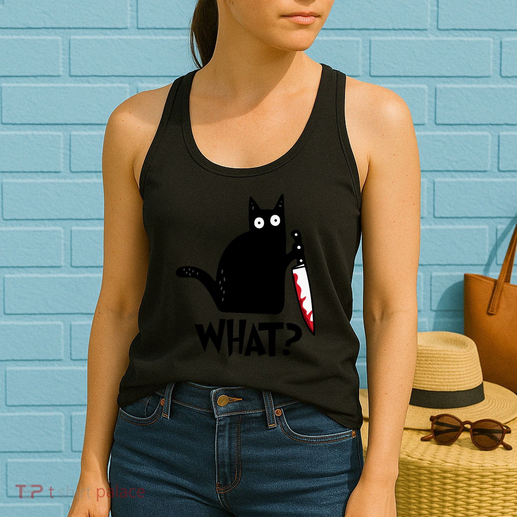 Halloween Cat What Funny Murderous Black Cat With Knife Women's Tank Top