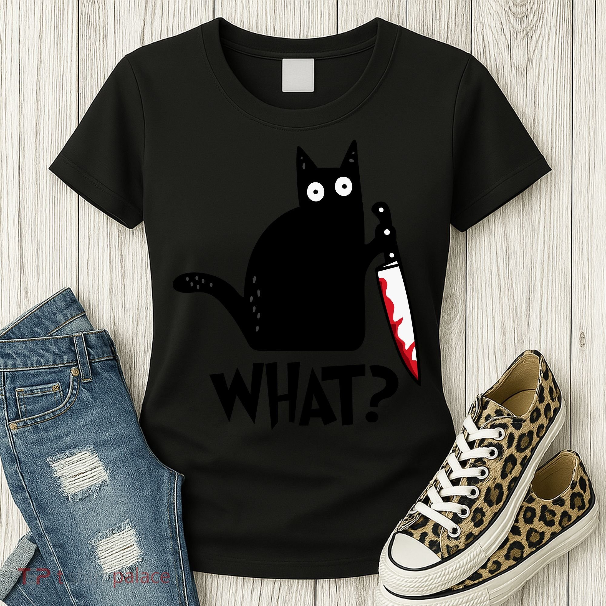 Halloween Cat What Funny Murderous Black Cat With Knife Women's T-Shirt