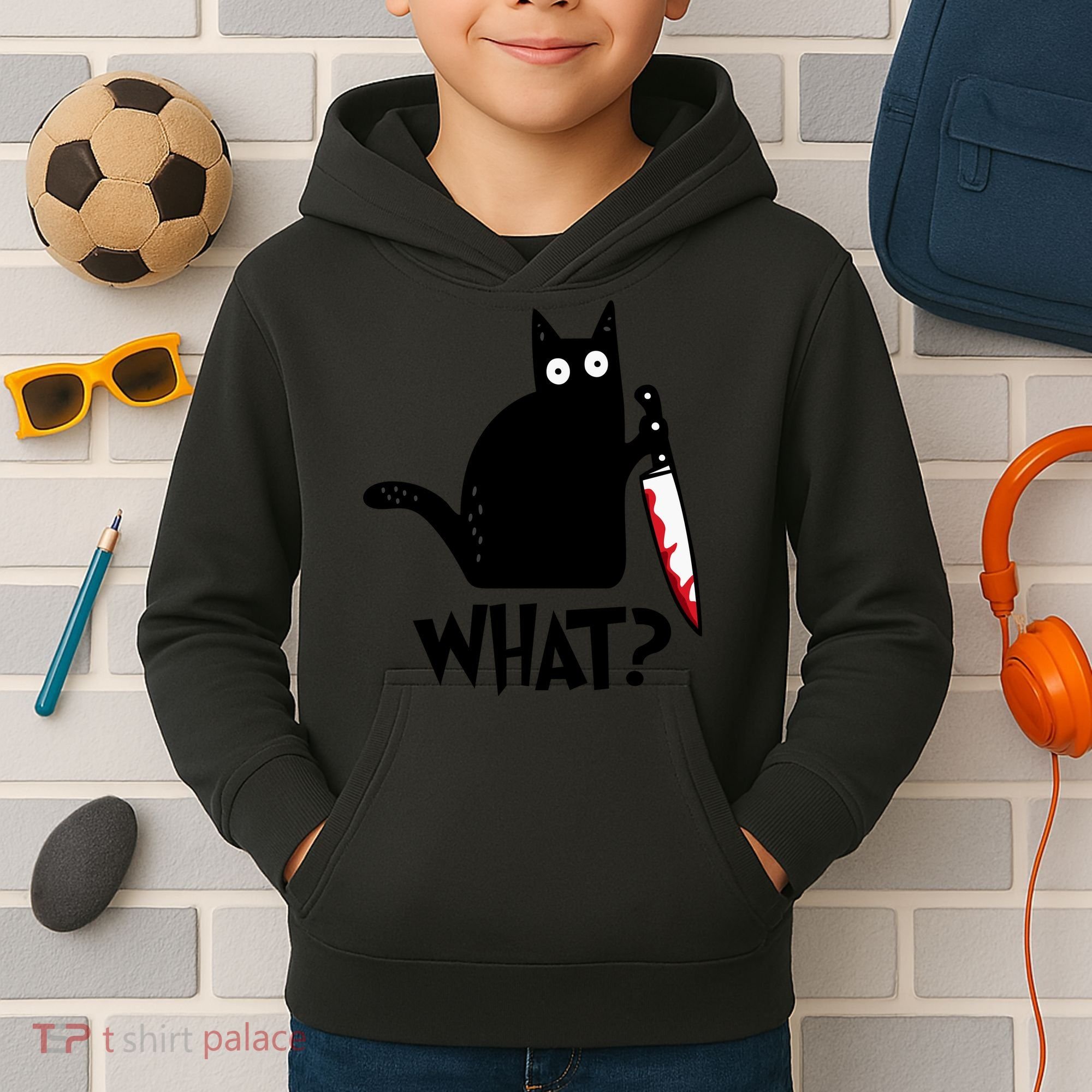 Halloween Cat What Funny Murderous Black Cat With Knife Kids Hoodie